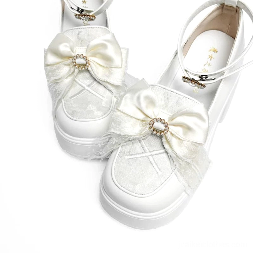 Jirai Kei pearl-adorned platform loafer back heel view showing 3.3 inch platform height adjustable ankle strap and decorative buckle hardware detail