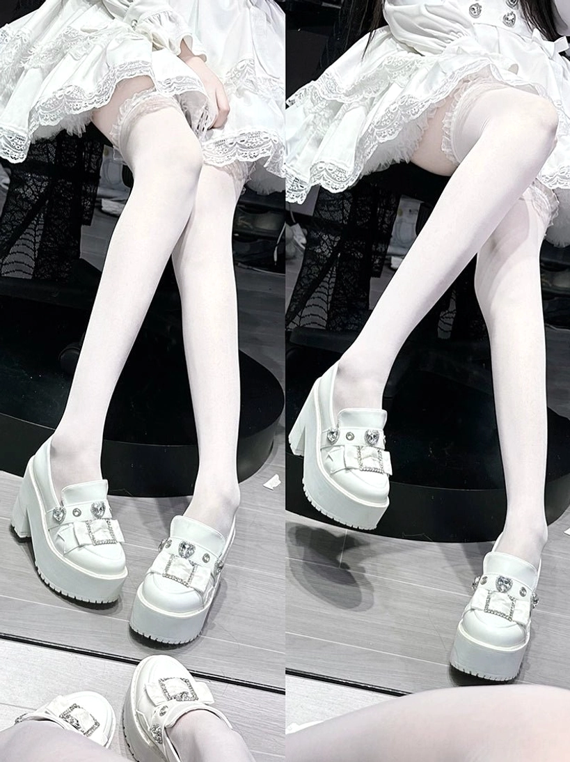 Jirai Kei platform loafers worn with baby-pink cardigan showing color coordination and outfit harmony