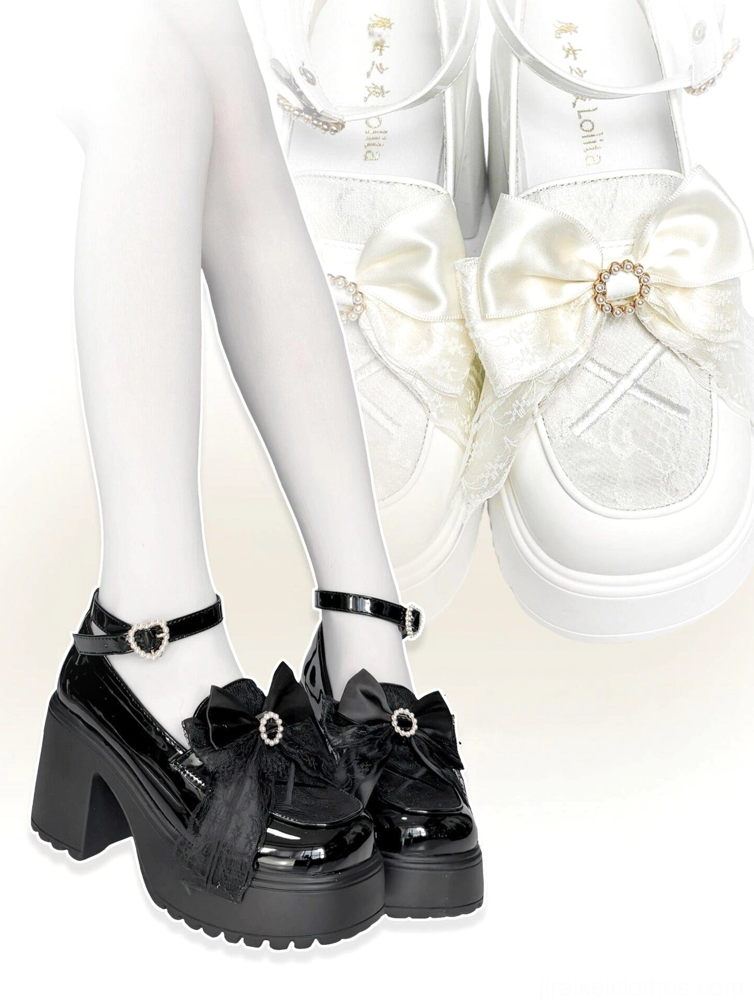 Dual-tone Jirai Kei platform loafers front and side view featuring black patent leather style with gem bow and white organza bow variant displayed on white stockinged legs studio background