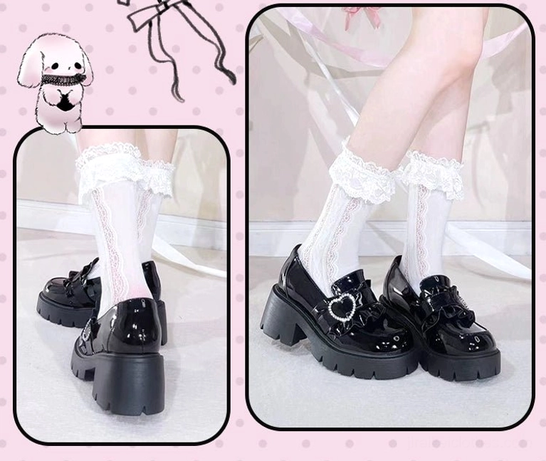 Platform loafers Jirai Kei style multiple color options size range white pink black heart buckle decoration showcase