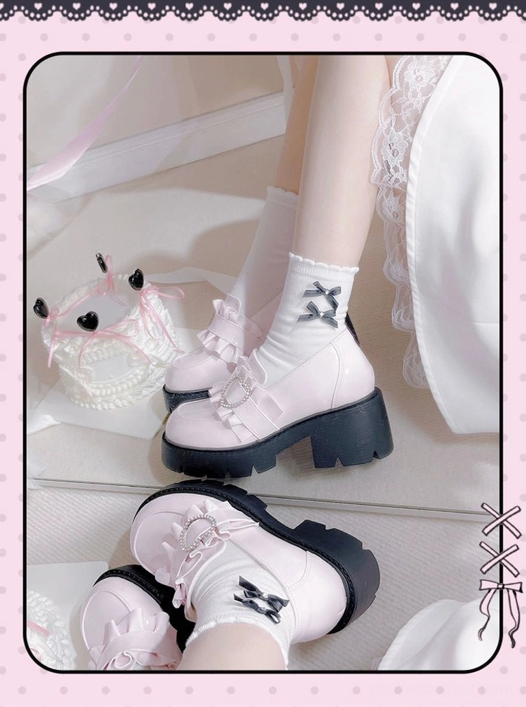 Jirai Kei platform loafers packaging presentation unboxing aesthetic brand new condition with ruffled trim and rhinestone details