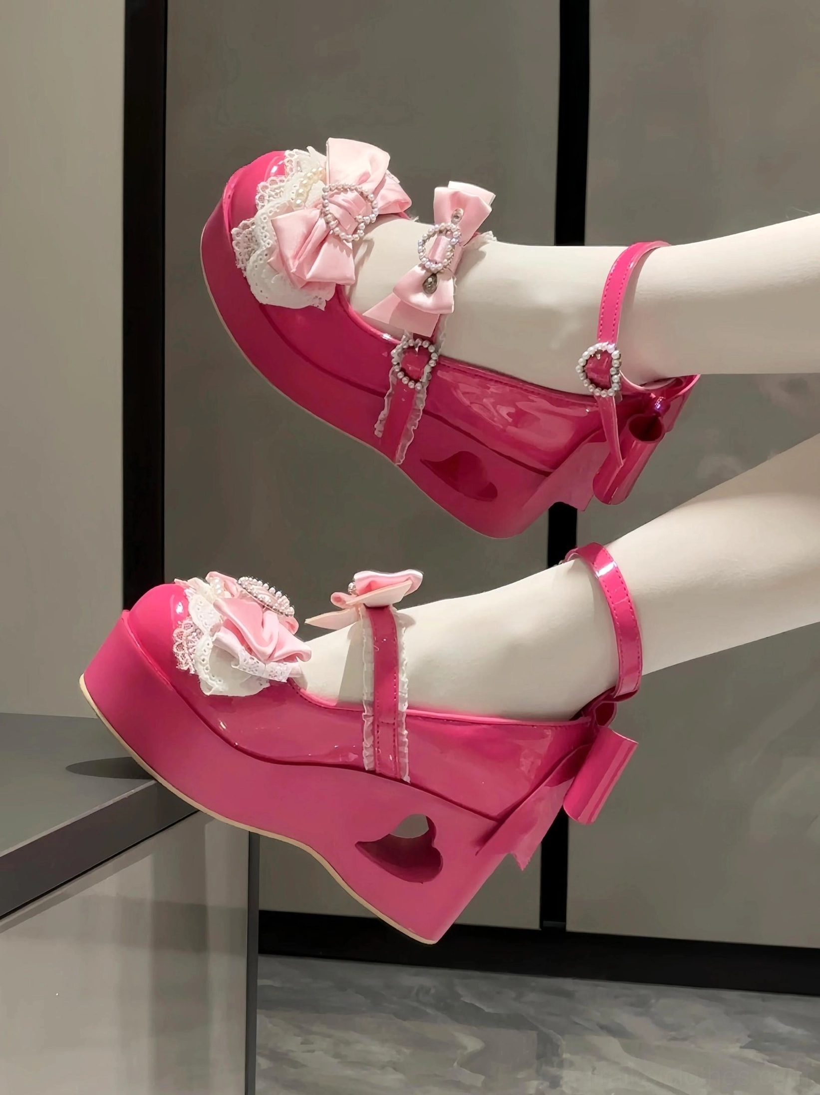 Jirai Kei platform Mary Jane shoe insole detail showing branded pink design and custom fit comfort wedge heel construction
