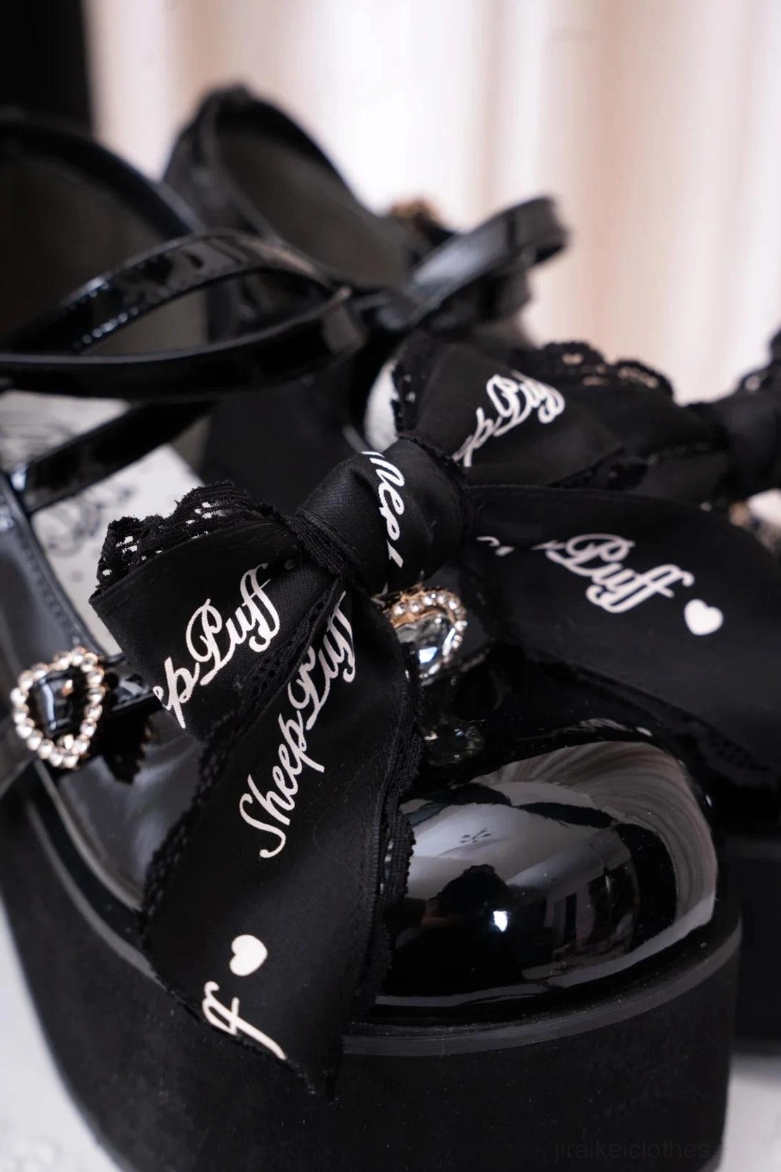 Authentic handmade craftsmanship details of platform Mary Jane Jirai Kei shoes showing artisanal quality, PU patent leather material, and durable EVA sole construction