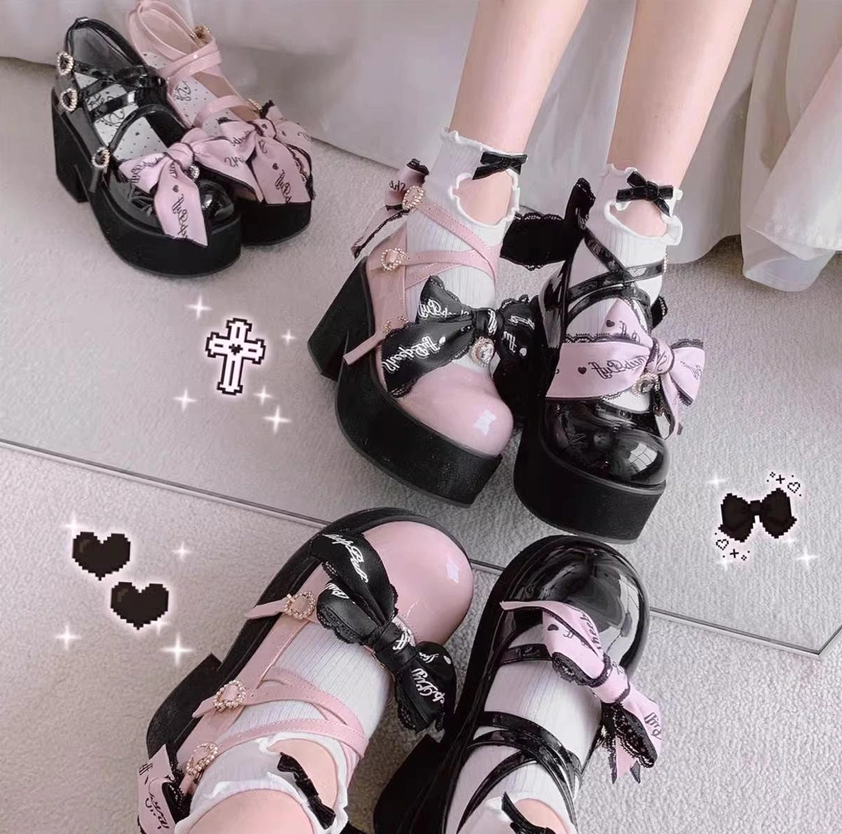 Close-up of interchangeable bow shoe clips and decorations included with platform Mary Jane Jirai Kei shoes for customization and style variation