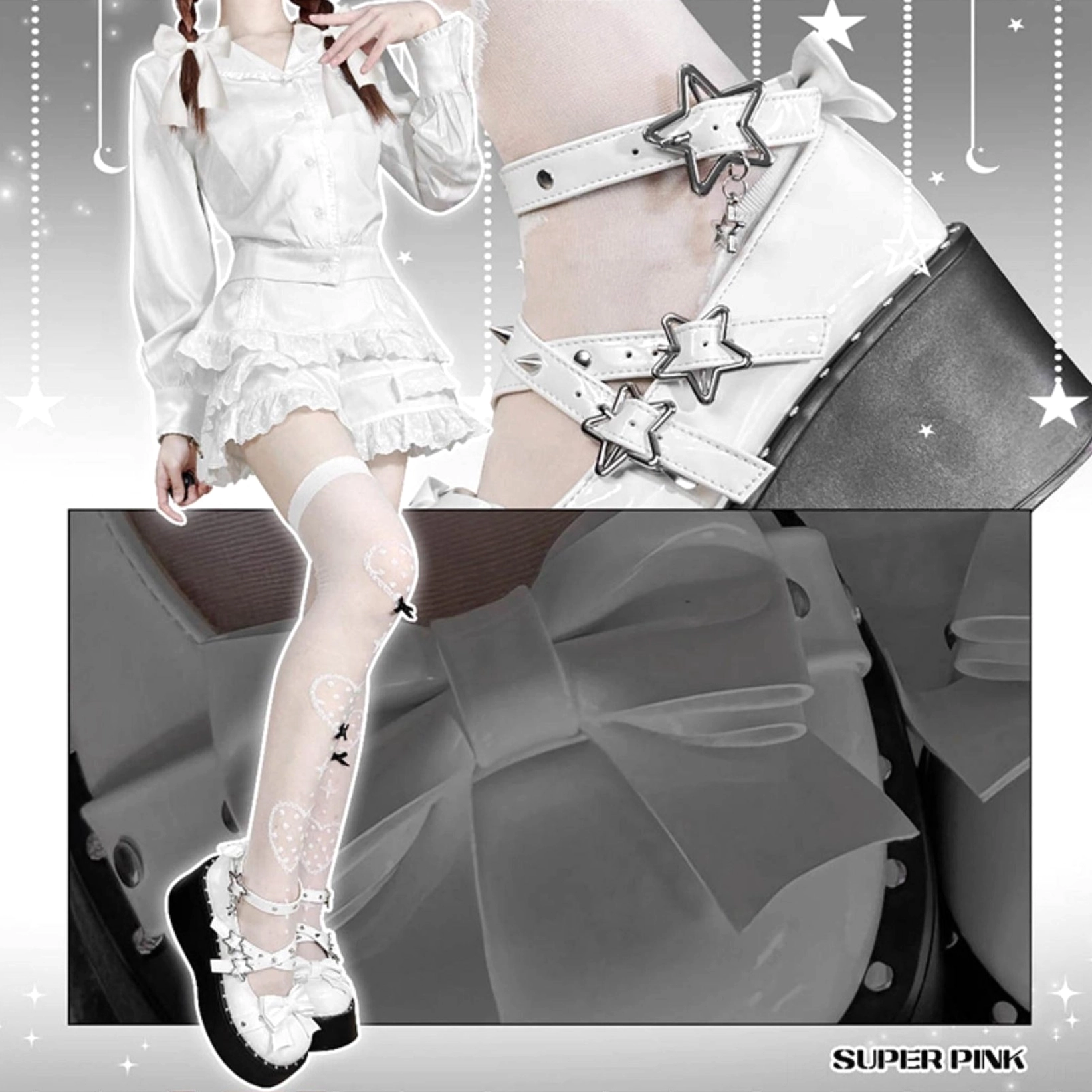 Jirai Kei platform Mary Jane shoes size and fit comparison guide showing black and white patent leather options with dimensional measurements