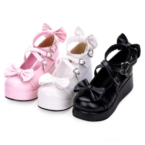 Jirai Kei platform Mary Jane shoes collection showing five colorways including black pearl luster white pearl luster pink pearl luster wine red matte and navy blue matte finishes with prominent heart-shaped buckles and bow decorations flat lay front view