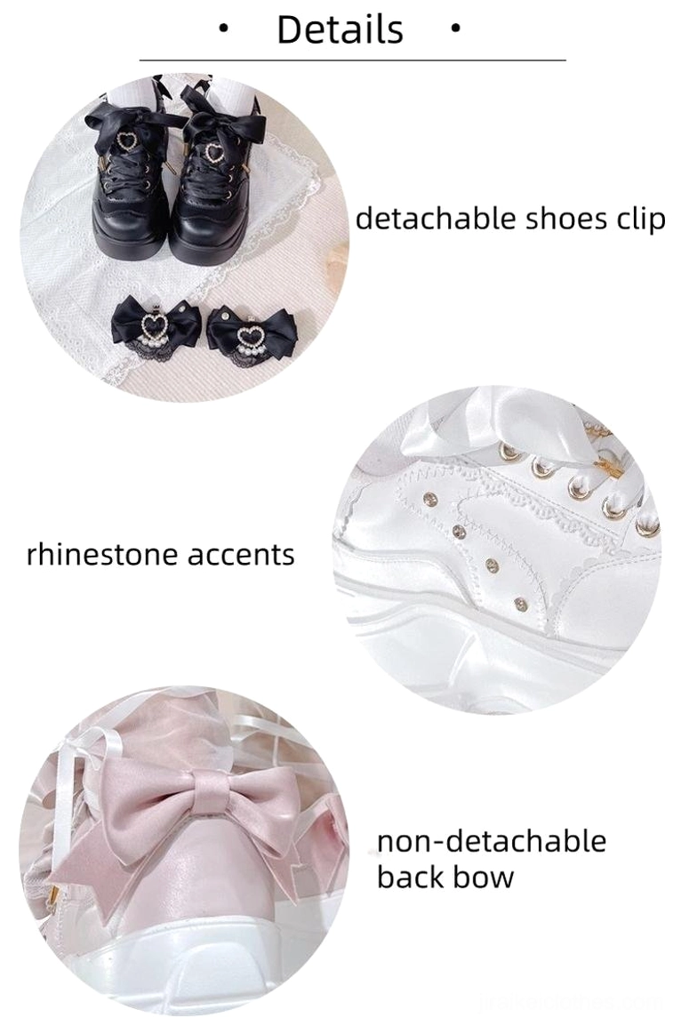 Jirai Kei platform shoe detail showcase with detachable bow clips, rhinestone accents, optional back bows, plain white background product view