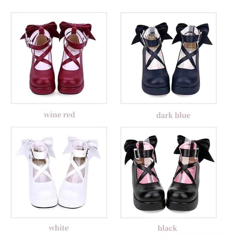 All four color options of Jirai Kei platform shoes displayed in grid format: white, black, wine red, dark blue with matching color labels