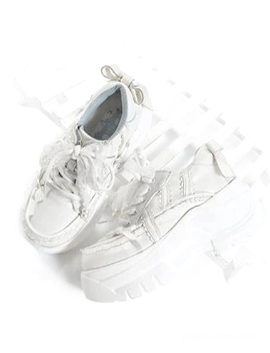 Jirai Kei platform shoes lifestyle shot featuring both black and white styles paired with alternative fashion aesthetic and styling inspiration