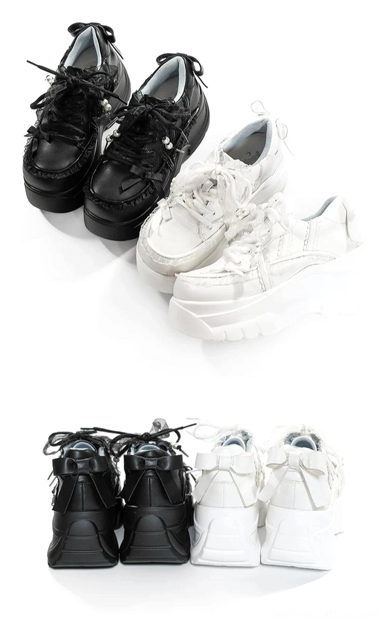 Flat lay top-down view of Jirai Kei platform shoes collection showing two black and two white pairs with lace-up design on plain white background