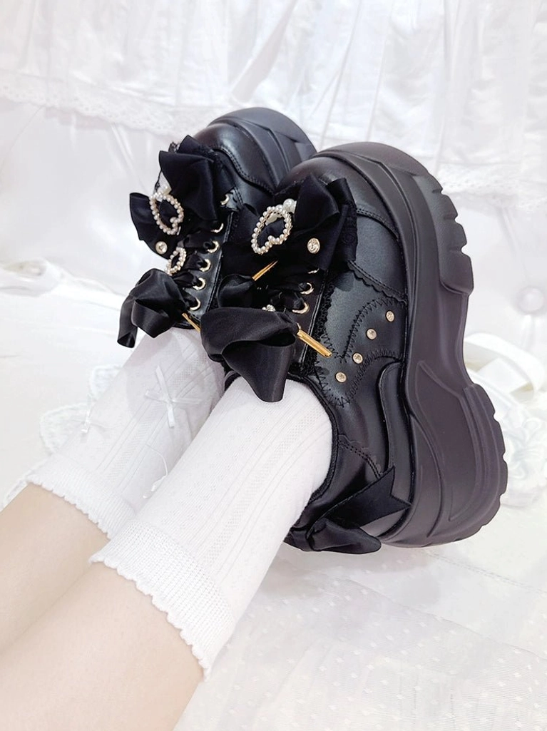 Jirai Kei platform shoes with pink color option, detachable bows, chunky sole, sweet aesthetic styling, alternative color choice showcase