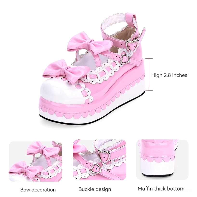 Pink white Jirai Kei platform shoes thick 2.8 inch platform scalloped sole bow buckle details side view