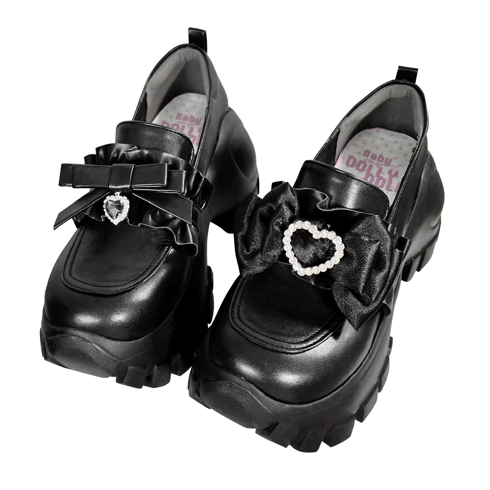 JK platform shoes round toe construction and double-layer bow attachment showing craftsmanship and structural design details