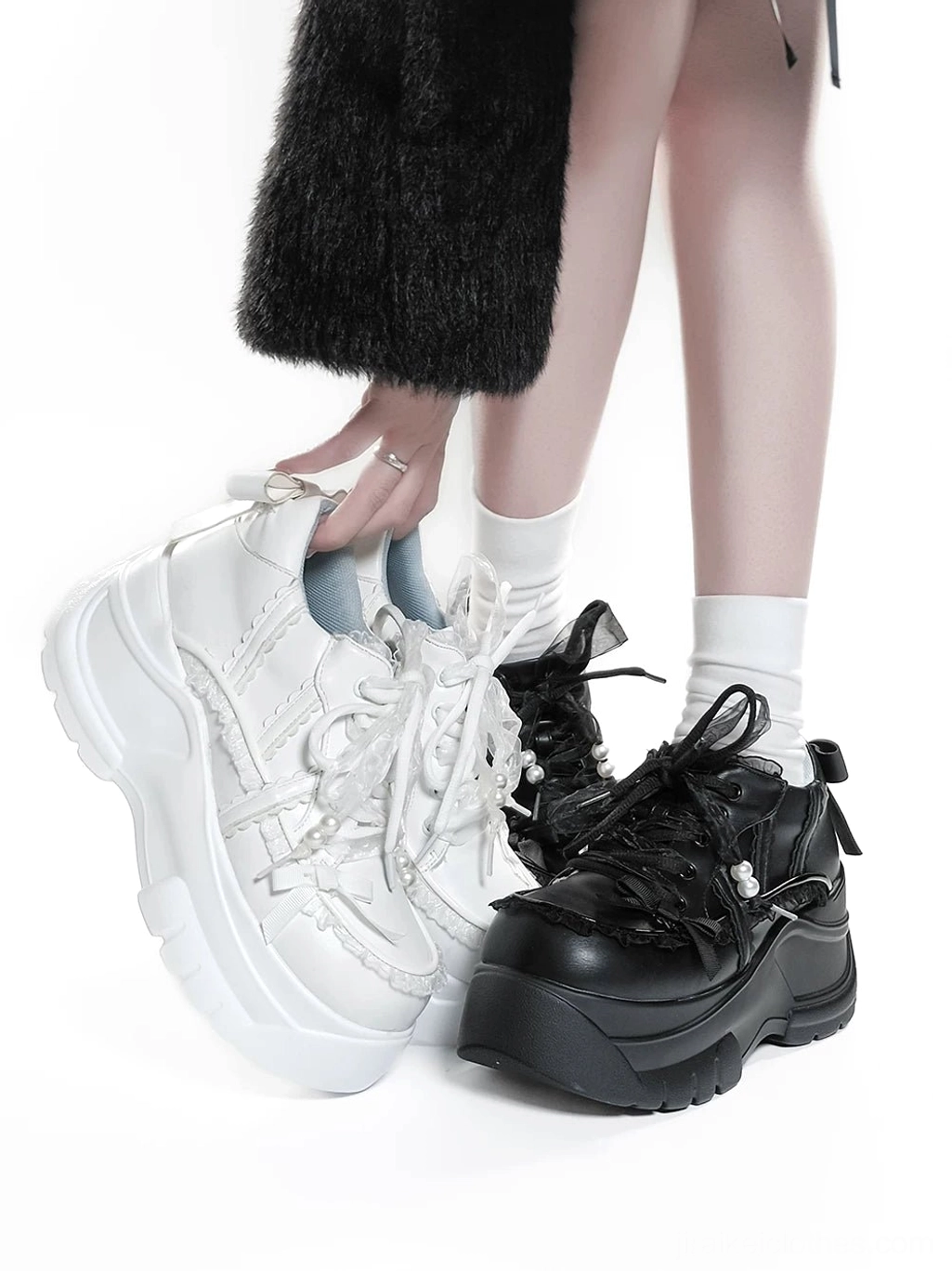 Jirai Kei platform shoes sole view showing platform construction lace-up structure and bottom profile design from underneath