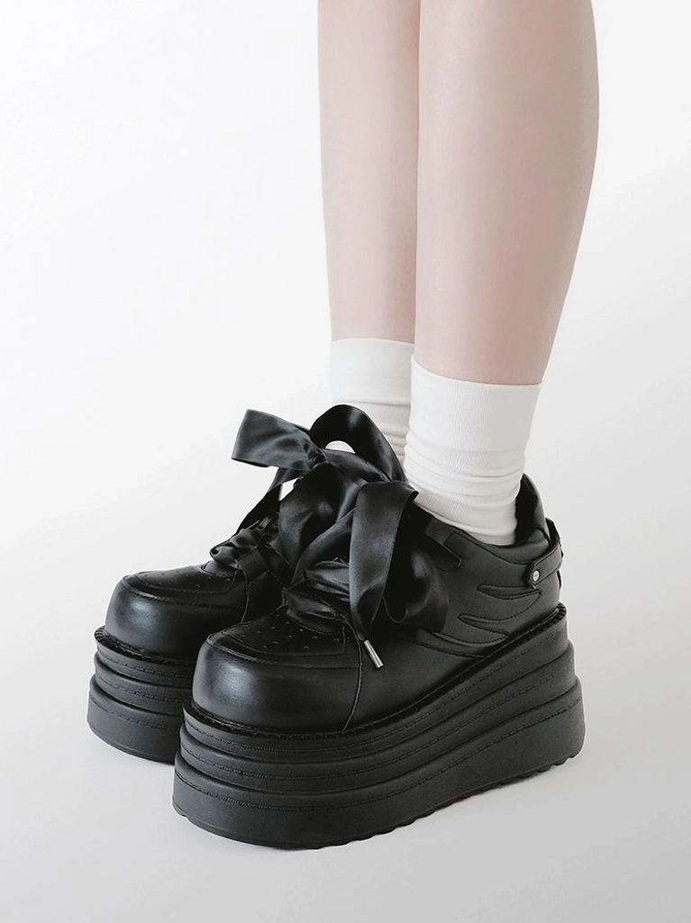 Jirai Kei platform sneakers black colorway round-toe thick platform sole side profile view aesthetic
