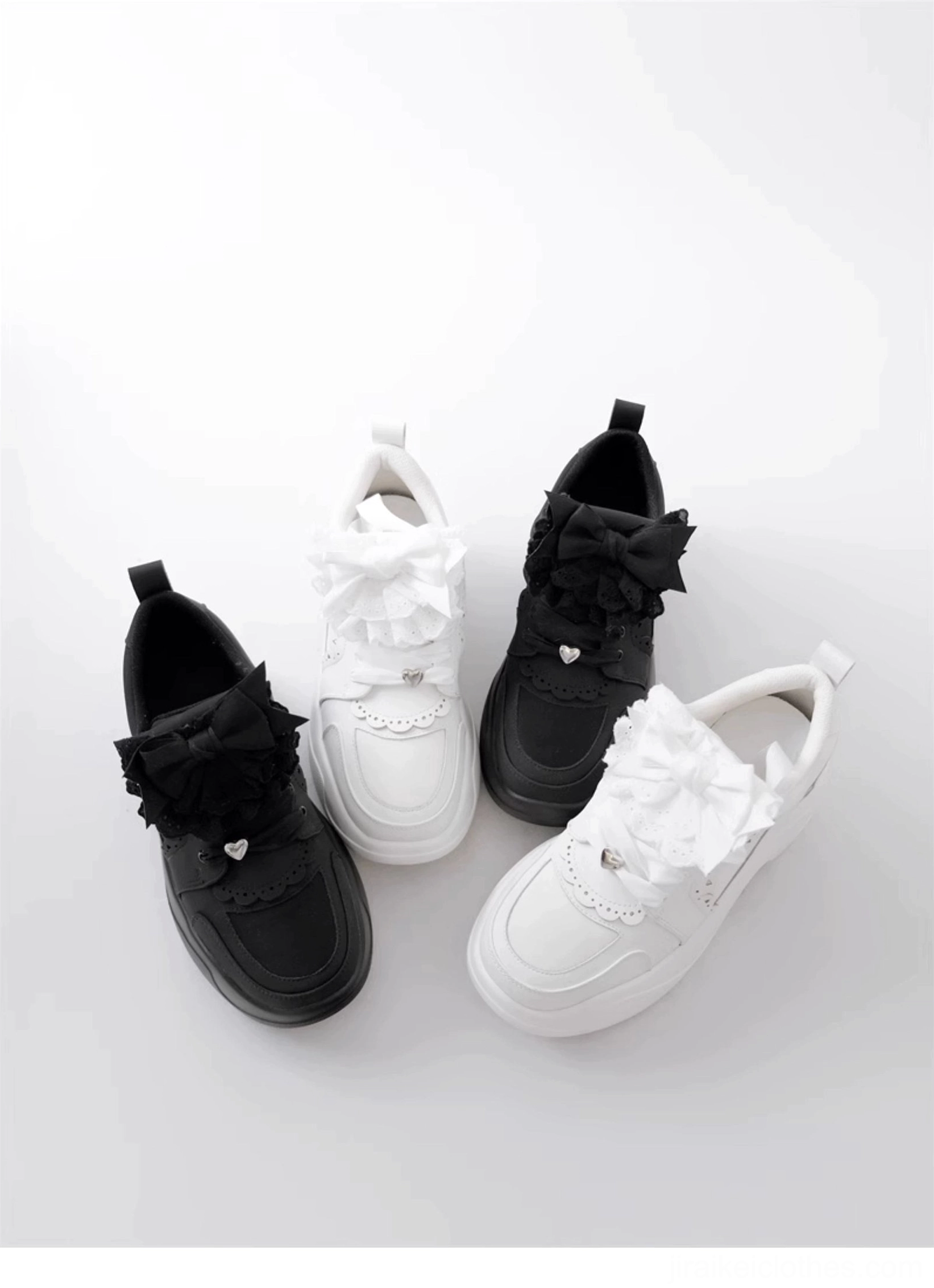 Jirai Kei platform sneakers interchangeable shoelace pairs detail display lace bow ruffle trim chunky platform sole versatility