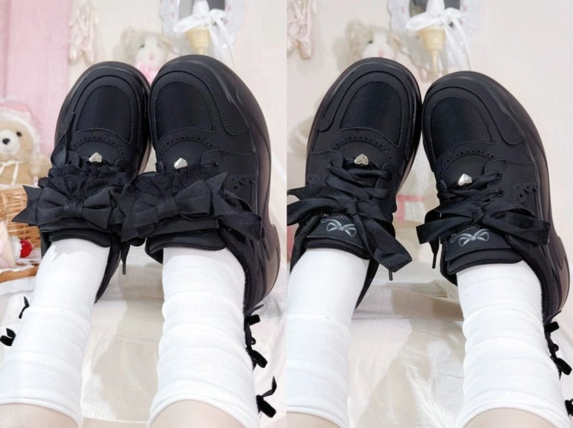Jirai Kei platform sneakers detail shot lace bow embellishment ruffle trim chunky sole close-up craftsmanship