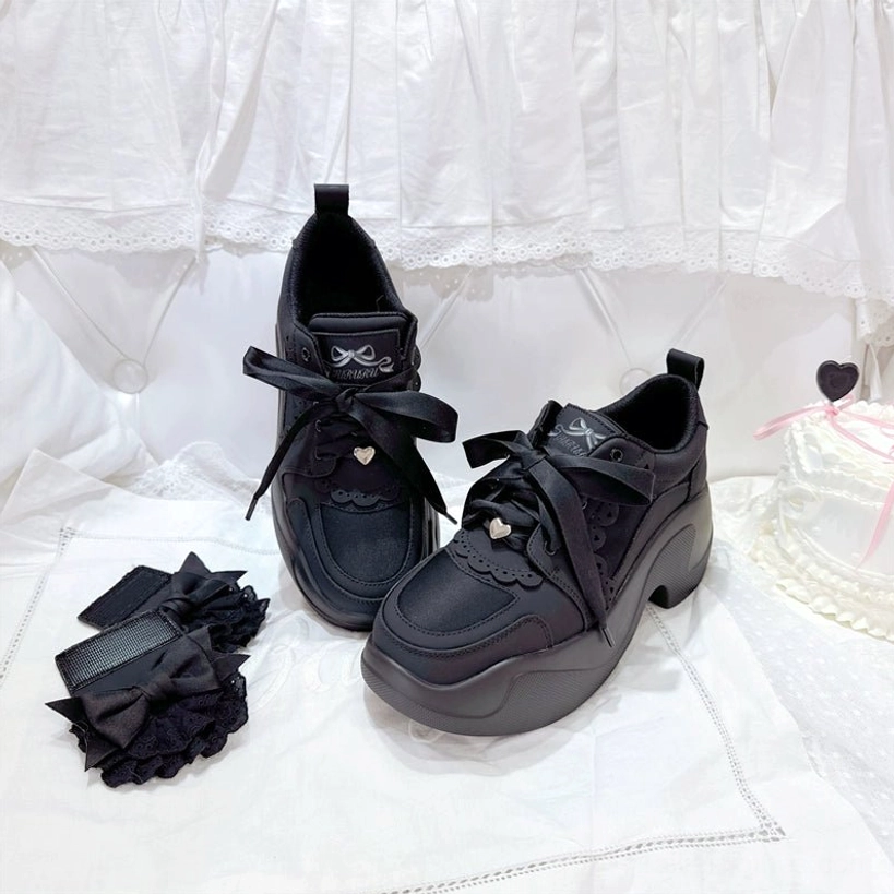 Jirai Kei platform sneakers detail shot ruffle trim texture lace bow decoration polyurethane sole craftsmanship close-up