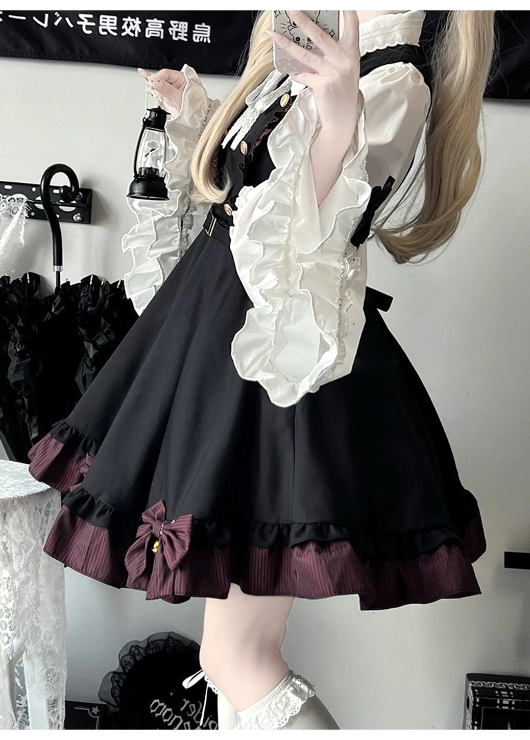 Jirai Kei preppy skirt close-up showing playful ruffle hemline adorned with decorative bows and jingling bells for whimsical aesthetic