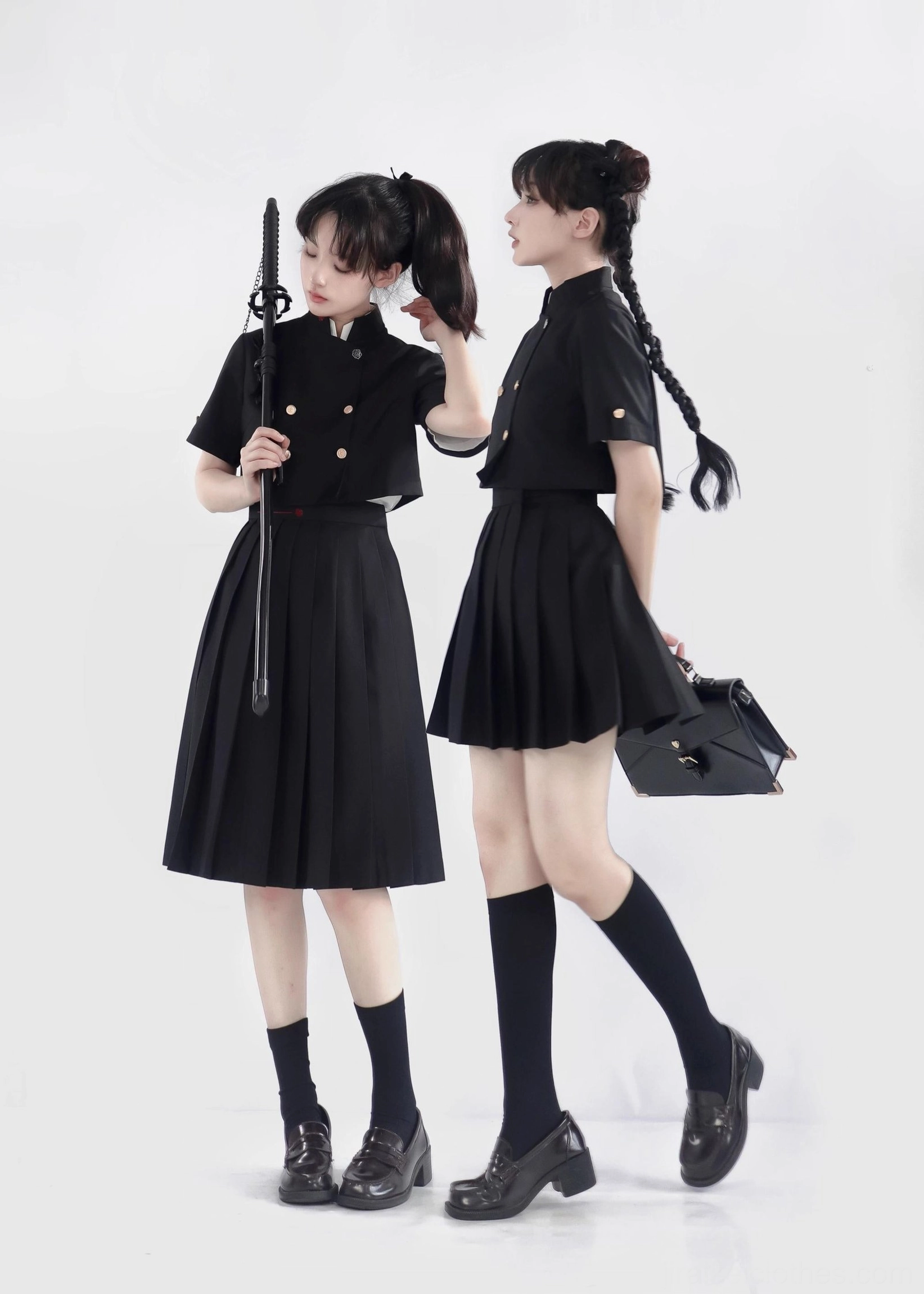 Jirai Kei pleated skirt uniform side walking studio background mixed lengths samurai sword briefcase props