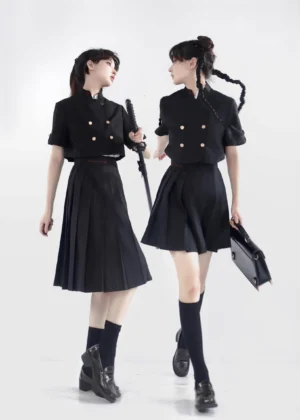 Jirai Kei black pleated skirt uniform set with embroidered coat full-body dual-model front view white studio background samurai aesthetic
