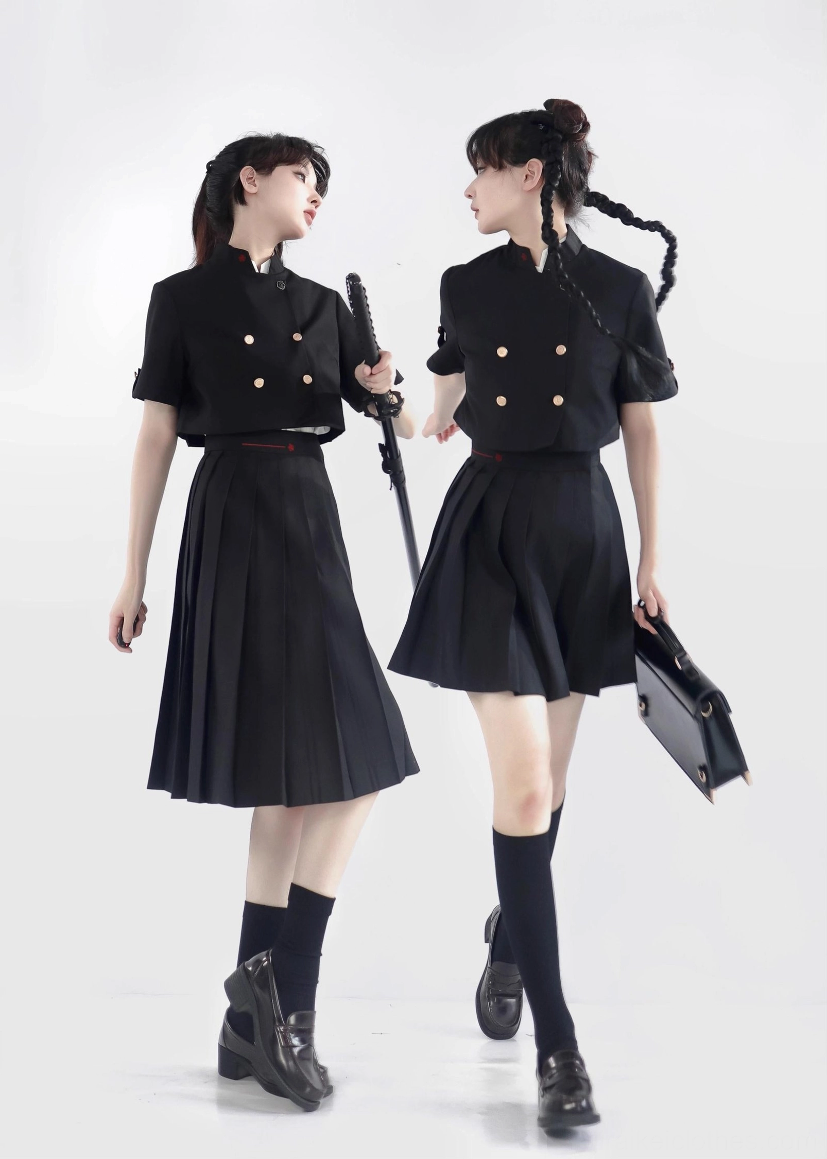 Jirai Kei black pleated skirt uniform set with embroidered coat full-body dual-model front view white studio background samurai aesthetic