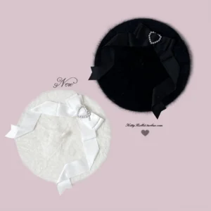 Jirai Kei plush berets collection showing both color variations with delicate heart rhinestone accents and ribbon bows on soft pink backdrop
