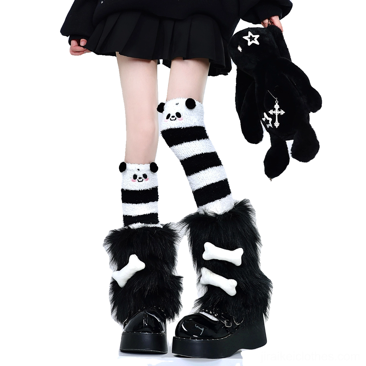Y2K punk Jirai Kei plush leg warmers and striped knee socks full collection color palette black white pink combinations