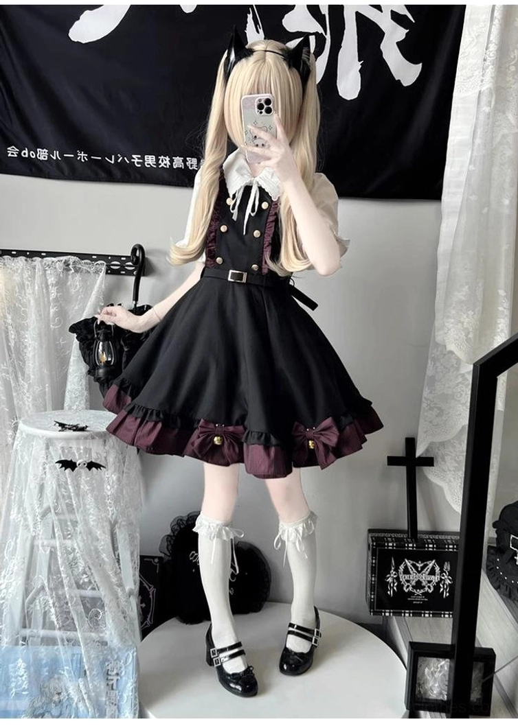 Jirai Kei preppy outfit styling combinations showing multiple blouse and skirt pairing options for creating versatile school uniform aesthetic