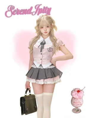 Preppy Jirai Kei two-piece outfit featuring pink short-sleeve blouse with floral buttons and detachable collar bow paired with gray pleated skirt with lace ruffles, styled with handbag and dessert props on pink heart backdrop