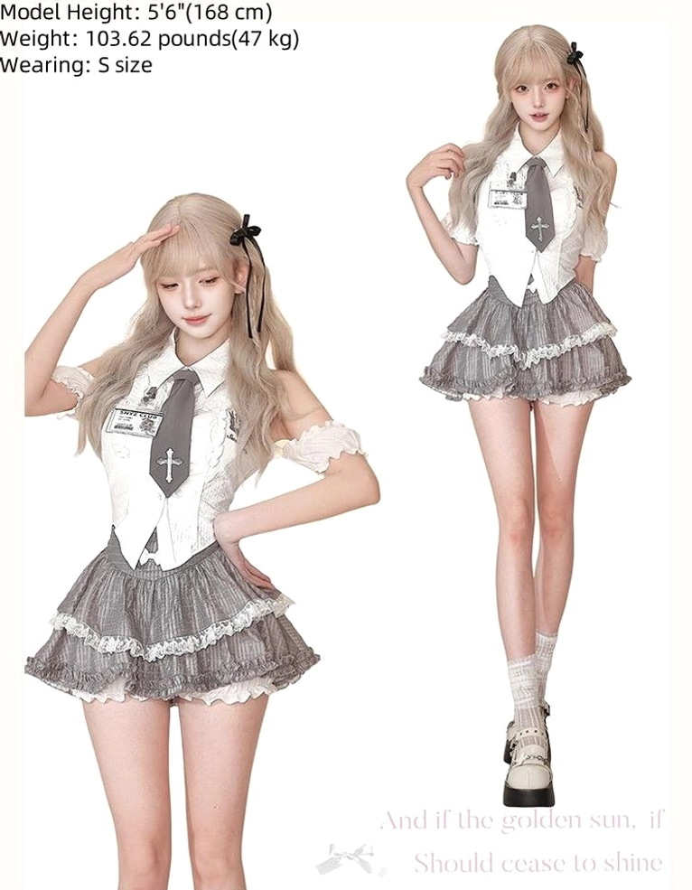 Two standing poses of blonde model wearing jirai-kei preppy school style two-piece set, displaying halter blouse with detachable arm bands and plaid mini skirt from different angles
