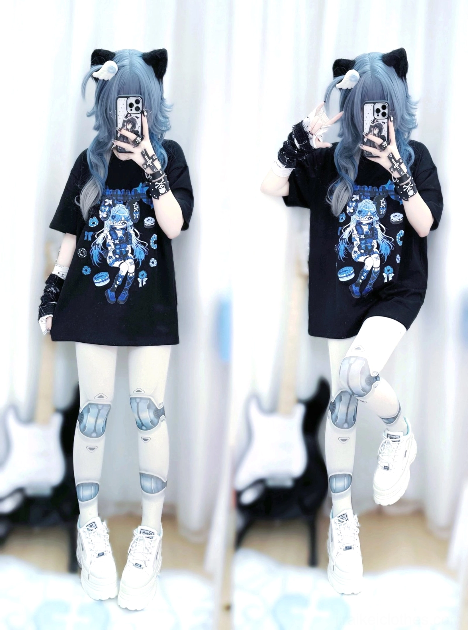 Front mirror selfie of oversized Jirai Kei anime punk T-shirt worn by blue-haired cosplayer with face mask, displaying blue anime print graphic with punk wristbands and choker collar