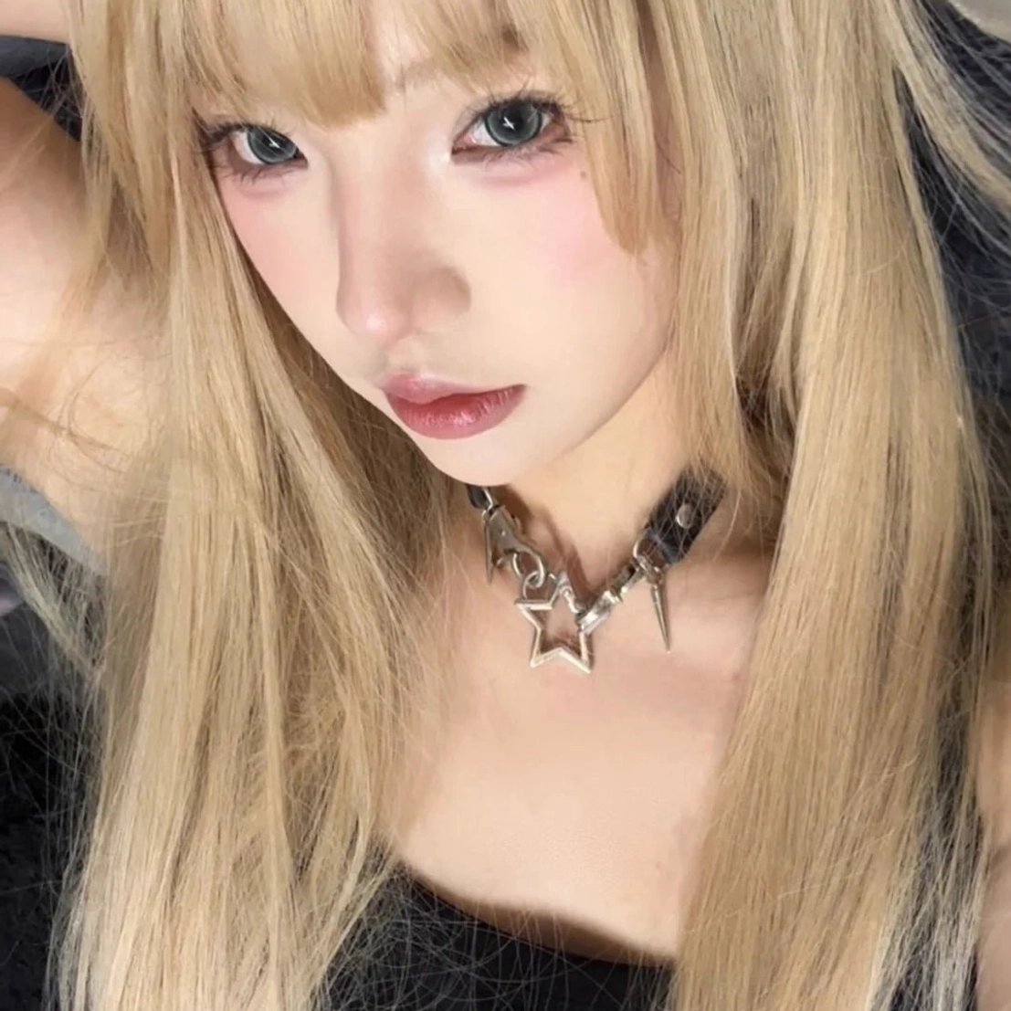 Jirai Kei punk choker necklace featuring mixed silver metal bone and star charms on durable PU leather strap