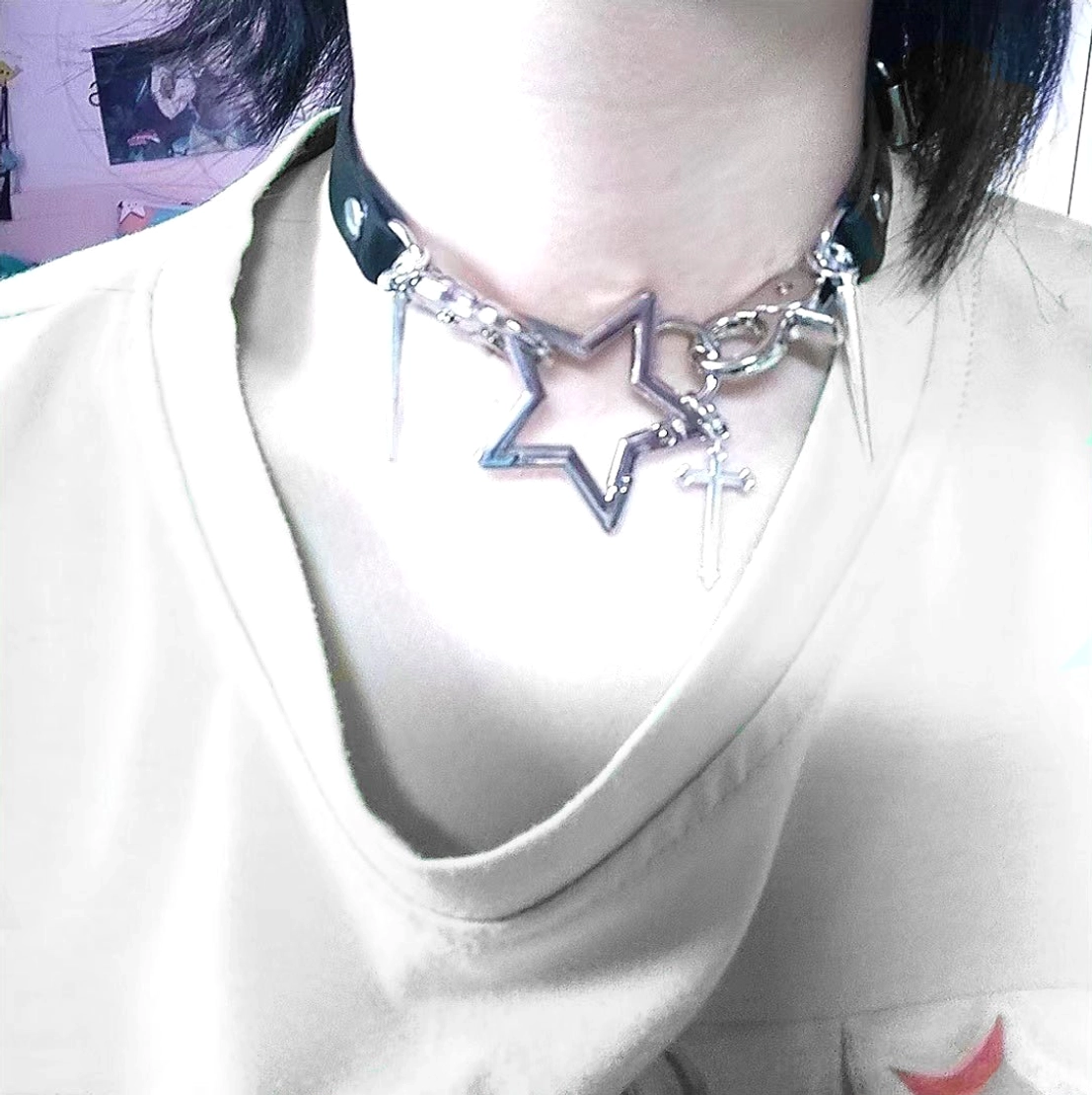 Jirai Kei punk choker necklace with silver metal star pendants and bone links on colored PU leather