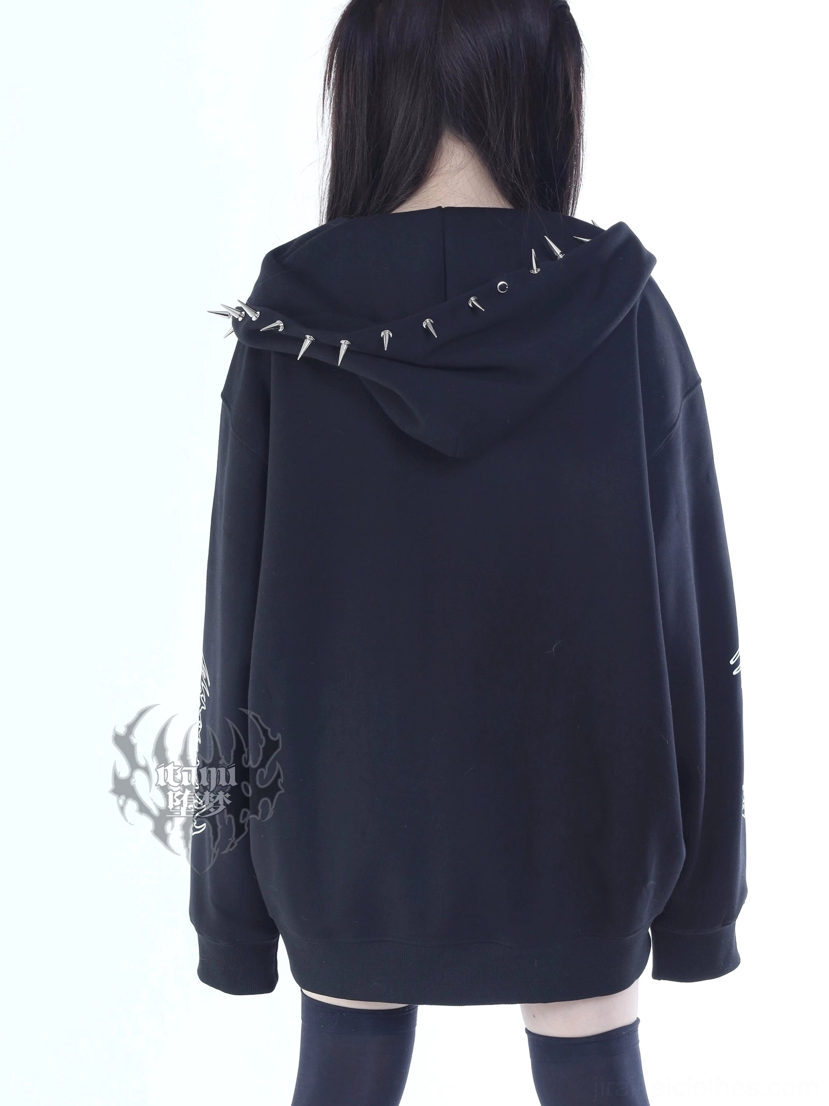 Jirai Kei punk hooded jacket rear back view metal spike studs hood rim reinforced black fabric plain back panel gothic aesthetic