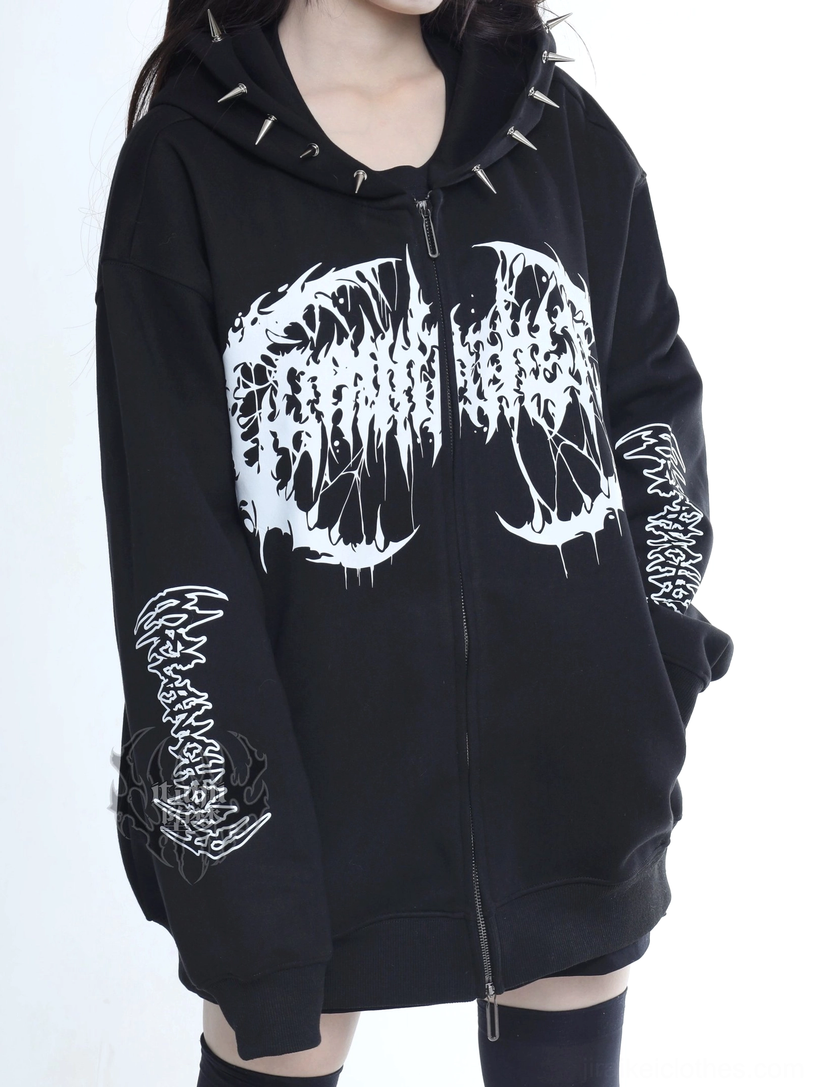 Jirai Kei punk hooded jacket close-up front detail metal dual-head zipper metal spike studs hood edge full gothic graphic prints