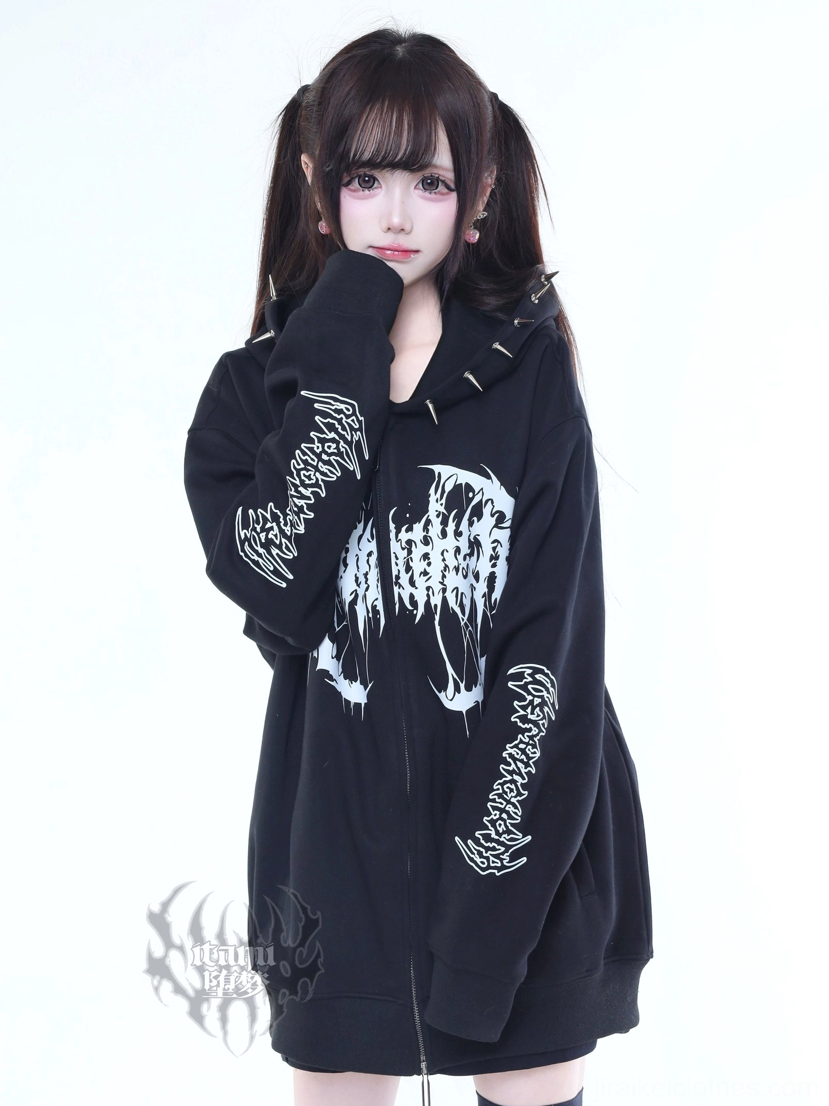 Jirai Kei punk hooded jacket full-body view hood up oversized silhouette thigh-high socks platform boots white gothic prints complete look