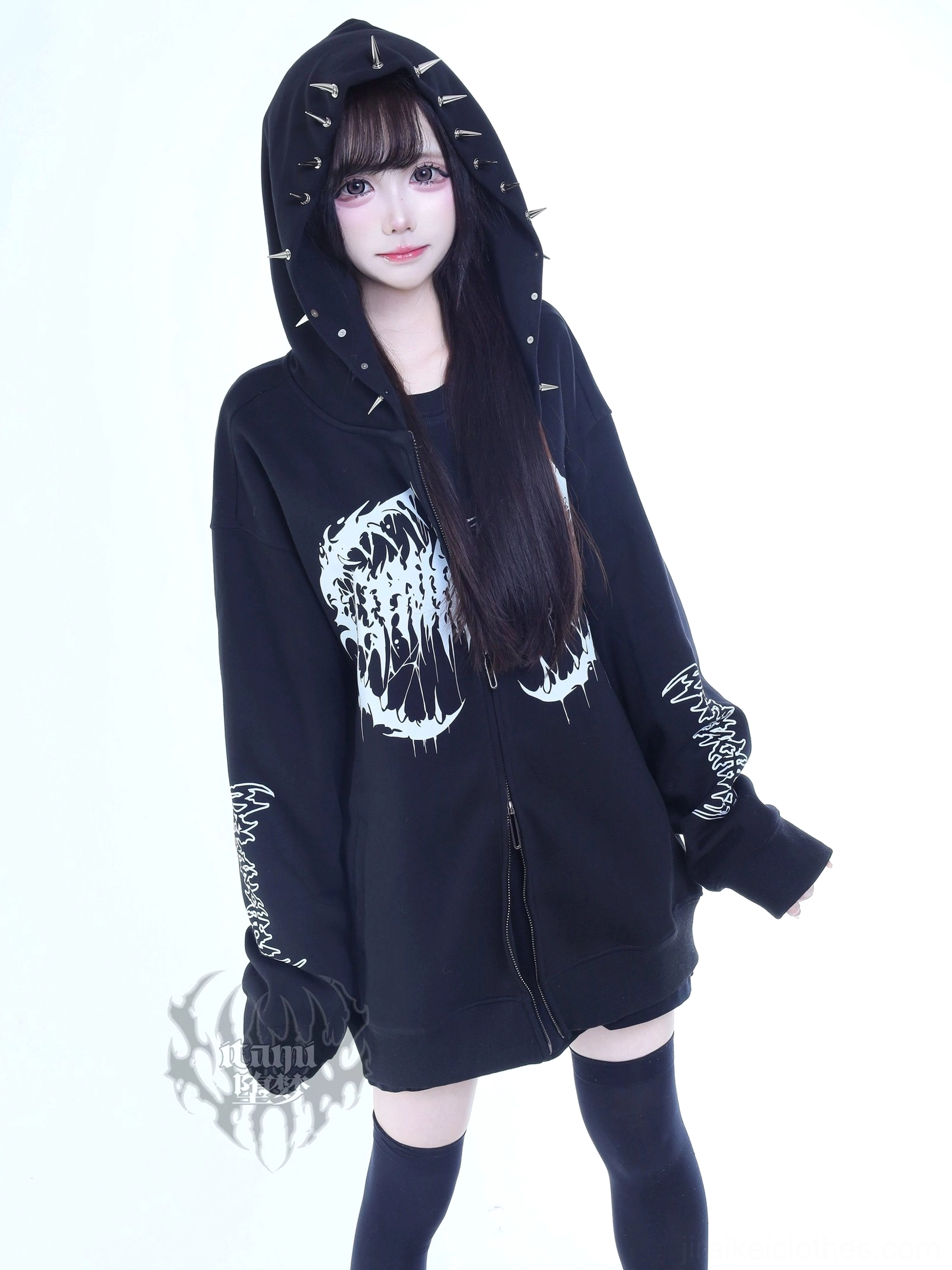 Jirai Kei punk hooded jacket front view hood up long hair model oversized black fit white gothic prints thigh-high socks spike-studded hood