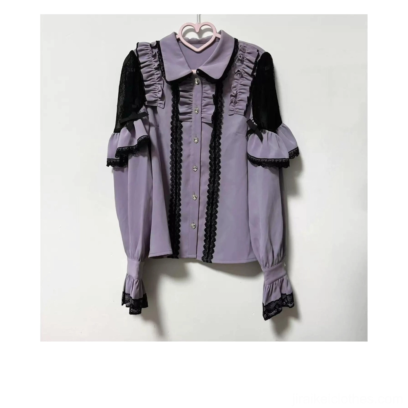 Jirai Kei purple and black long-sleeved blouse detail with patchwork cutout and flared buttoned cuffs