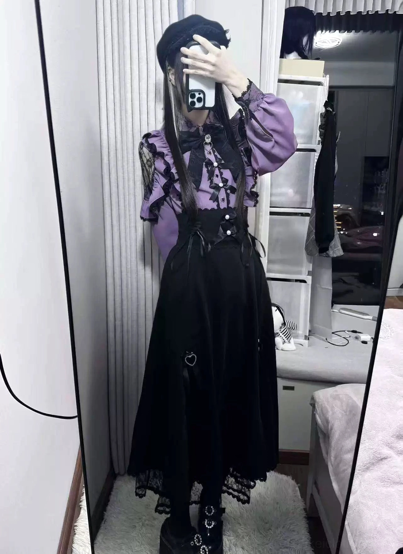 Back view Jirai Kei outfit showing purple blouse lace hem on long skirt hair ribbons platform boots details