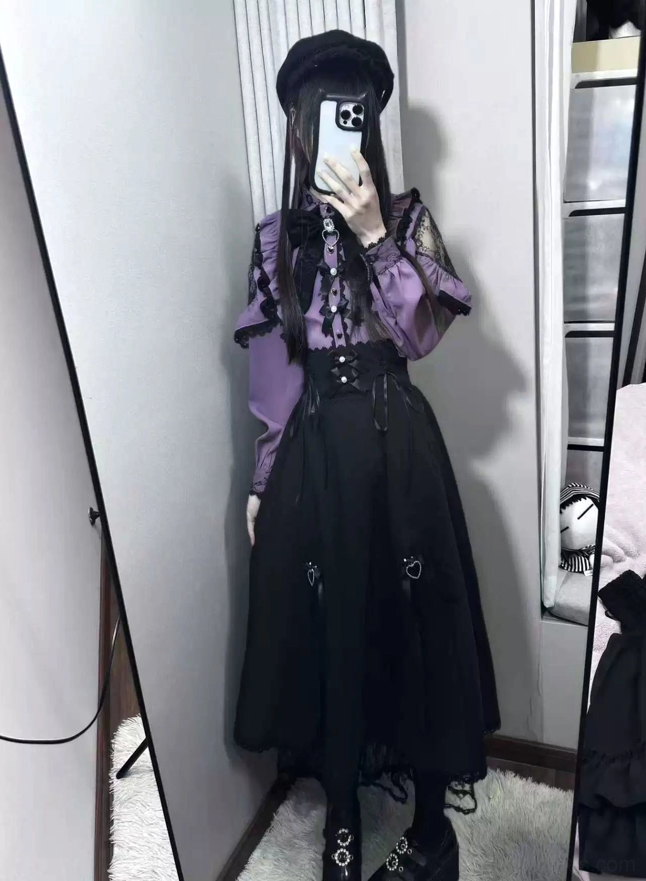 Purple Jirai Kei blouse with black beret and long ruffled skirt metal heart button decorations platform boots styling