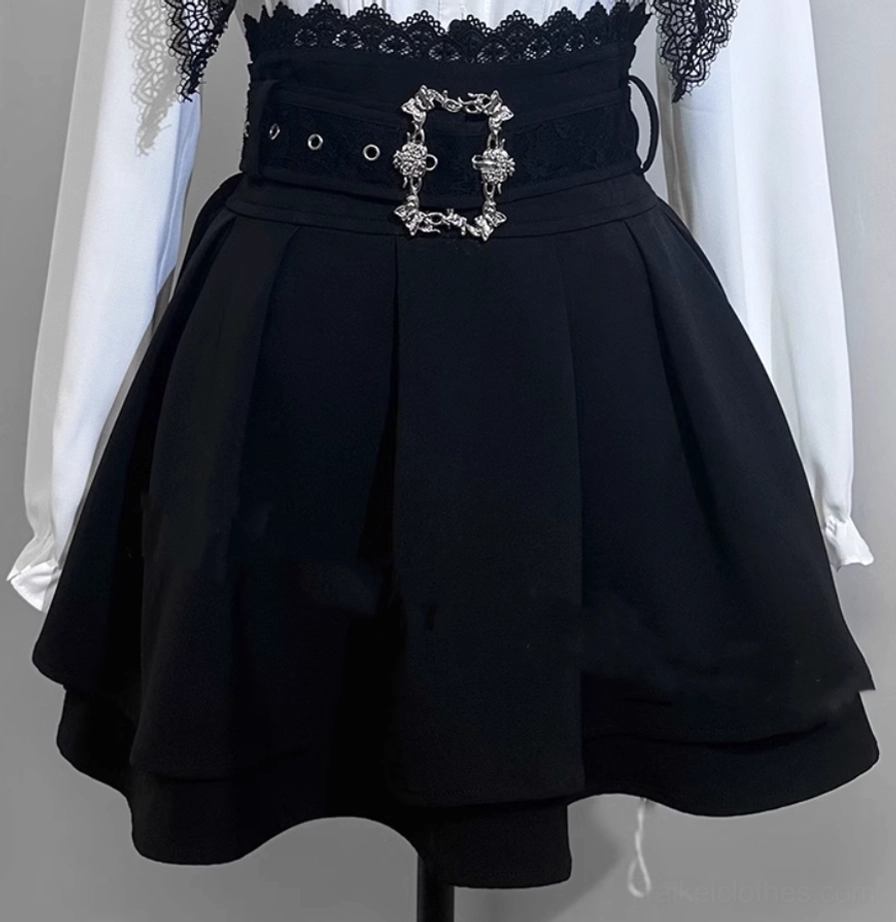 Jirai Kei outfit purple blouse black skirt tiered design worn with matching accessories alternative fashion style