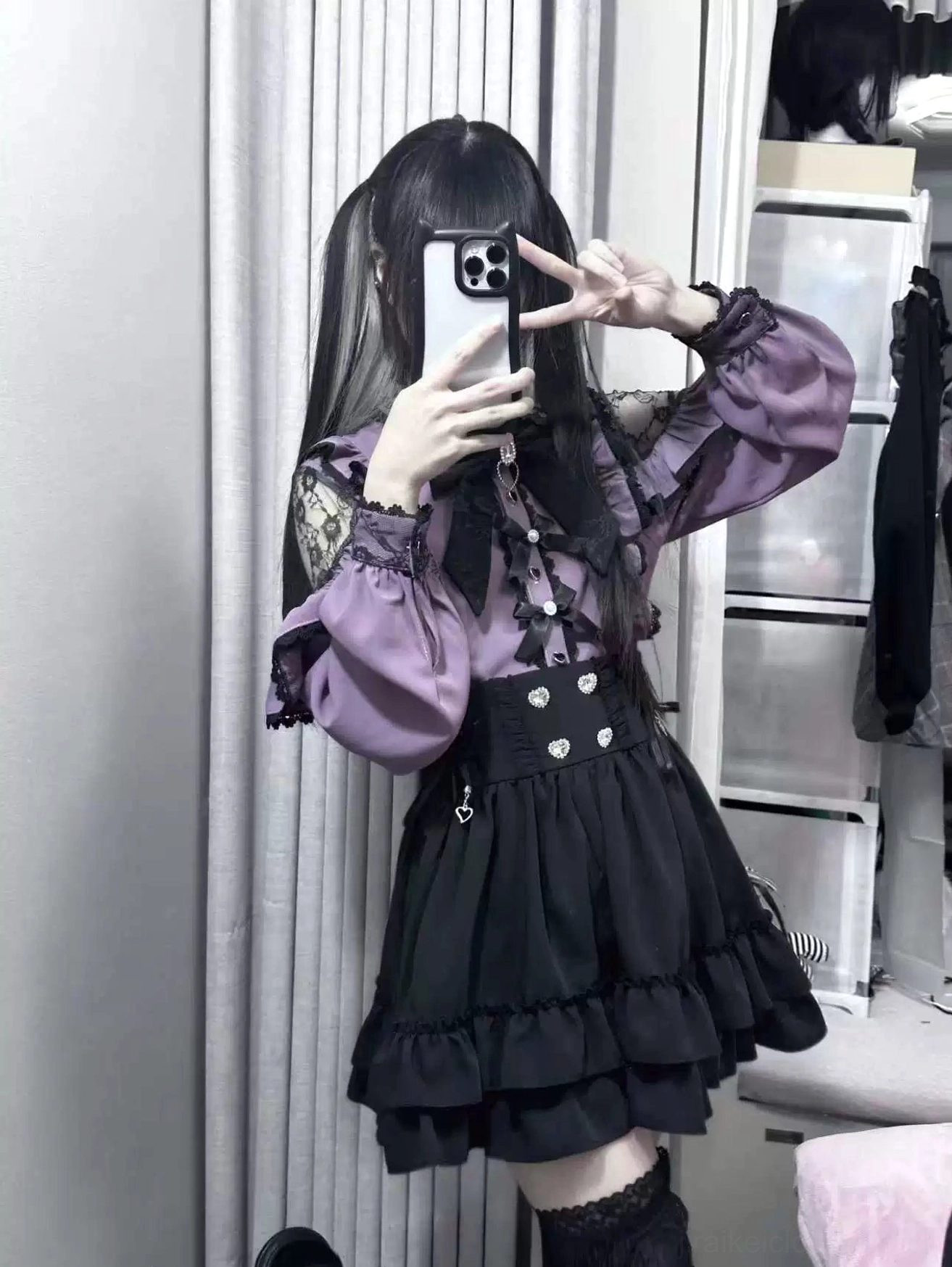 Jirai Kei blouse styled with double framing pose showing ruffled cuffs details and thigh-high socks coordination