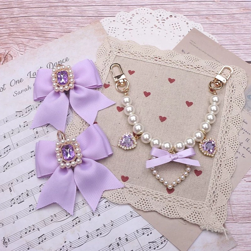 Purple ribbon bow Jirai Kei bag charm pearl chain heart-shaped pendant rhinestone embellishments