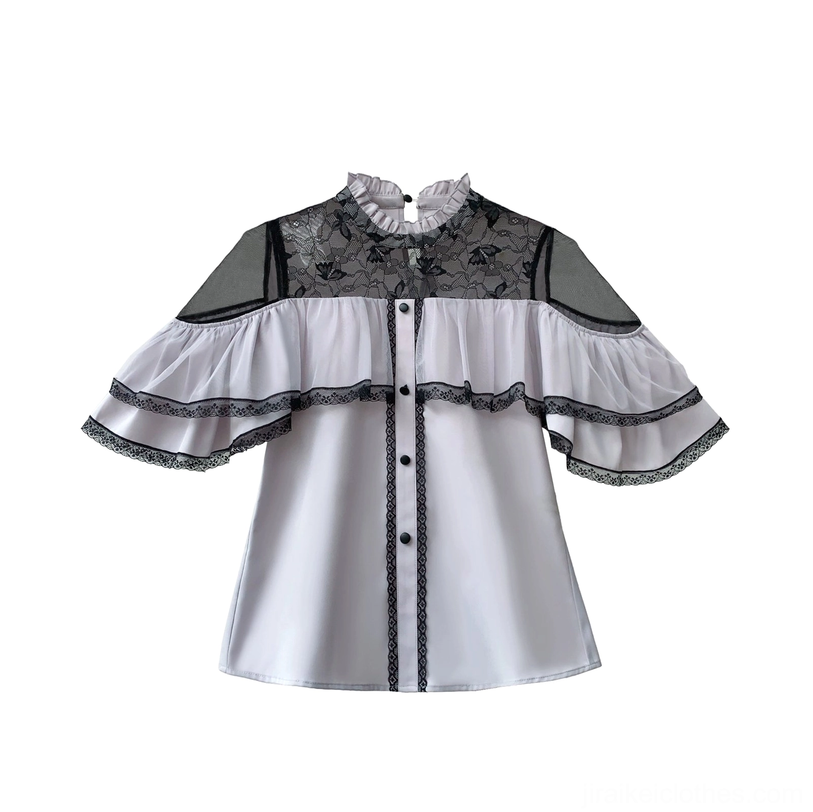 Purple cape blouse Jirai Kei design detail, front button closure back-neck adjustability lace-trimmed whisper-thin sleeves product closeup