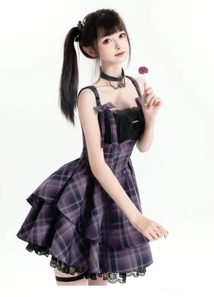 Purple plaid Jirai Kei slip dress with layered ruffled lace hem side detail view