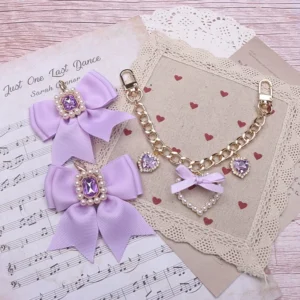 Purple satin bow Jirai Kei bag charm with purple rhinestones gold metal chain heart pendant accessories