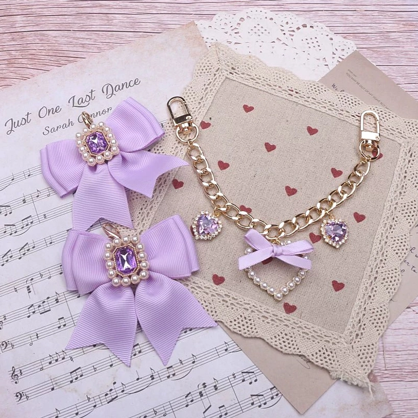 Purple satin bow Jirai Kei bag charm with purple rhinestones gold metal chain heart pendant accessories