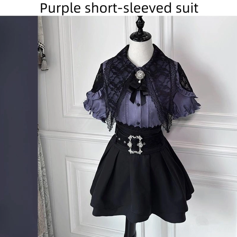 Purple short-sleeved Jirai Kei blouse sailor collar with black lace capelet and pleated black skirt mannequin front display