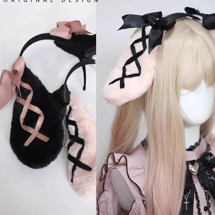 Jirai Kei rabbit ear hairband split comparison view showing black and pink variants flat lay and mannequin side-by-side styling demonstration